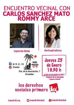 Cartel del Encuentro vecinal con Carlos Sánchez Mato y Rommy Arce